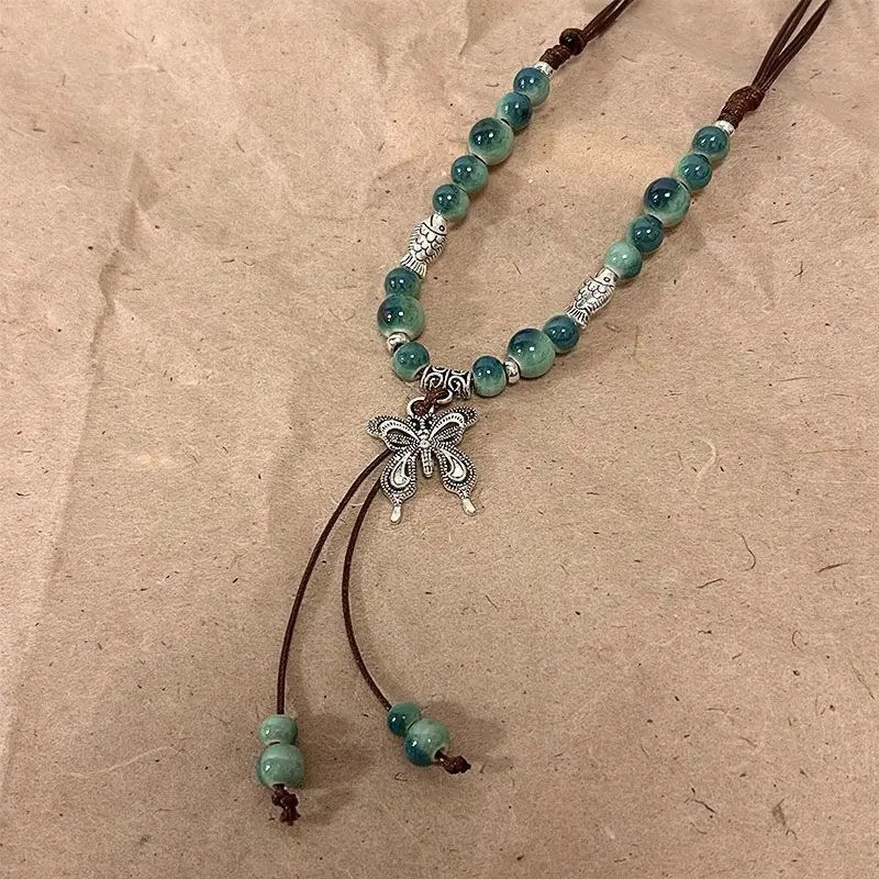 Wholesale New Chinese ethnic style retro ceramic butterfly beaded clavicle necklace